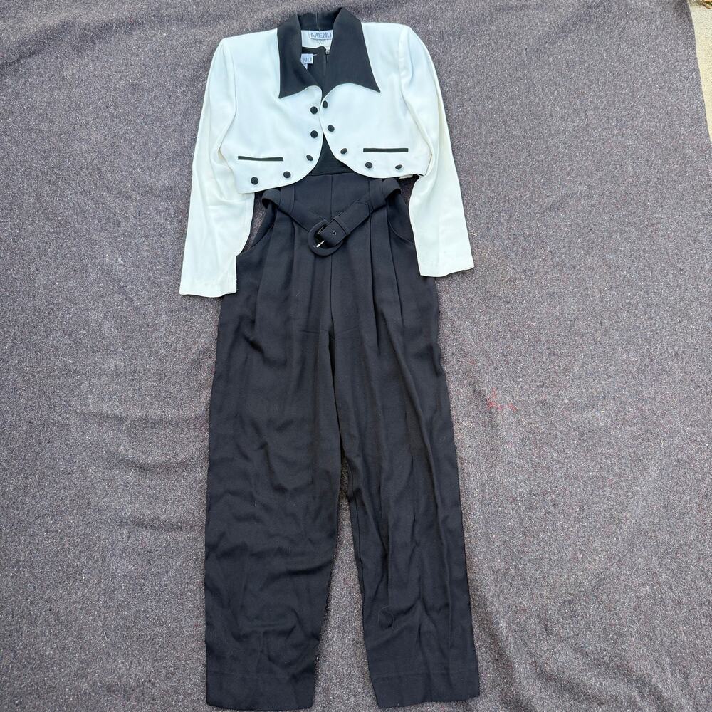 Women's Vintage 90's Menu Black White Tuxedo Jumpsuit Blazer Jacket Set Sz 4 VTG
